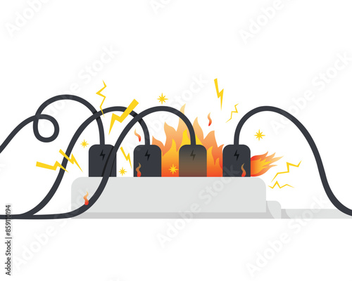 Plug with electric shock, Overload plug in power outlet in. Electric risk burn. Short circuit burning electrical. Fire from overload.
