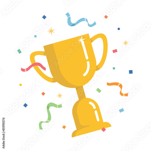 Gold cup with a trophy,  Symbol of victory, winning championships. Celebration with flags and trophy reward.