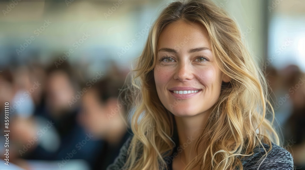 A cheerful blonde woman is shown smiling in a bright environment, radiating positivity and warmth. She is surrounded by blurry figures, emphasizing her presence. A cheerful blonde woman is shown smiling in a bright environment, radiating positivity and warmth. She is surrounded by blurry figures, emphasizing her presence.