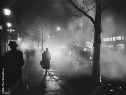 Noir Reverie: Foggy Streets of 1950s New York in High-Contrast ORWO Photography photo