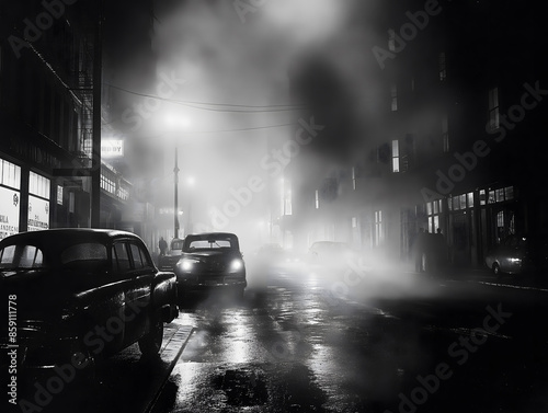 Noir Reverie: Foggy Streets of 1950s New York in High-Contrast ORWO Photography photo