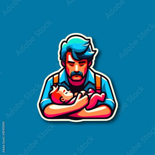 Illustrazione Vettoriale Padre che tiene in Braccio il Figlio Neonato su sfondo Blu