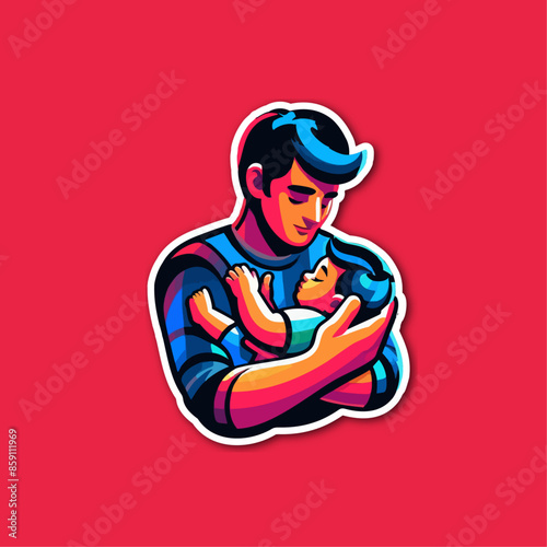 Illustrazione Vettoriale Padre e figlio neonato Abbraccio Stilizzato su Sfondo Rosso