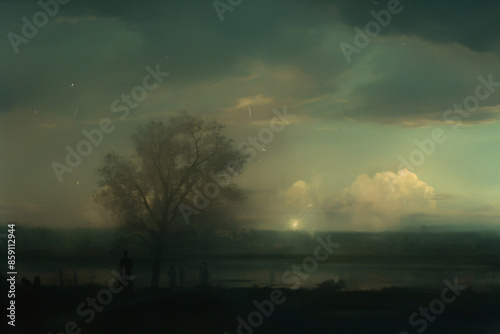 Misty sunset over a calm river with silhouettes of trees creating a tranquil and atmospheric landscape