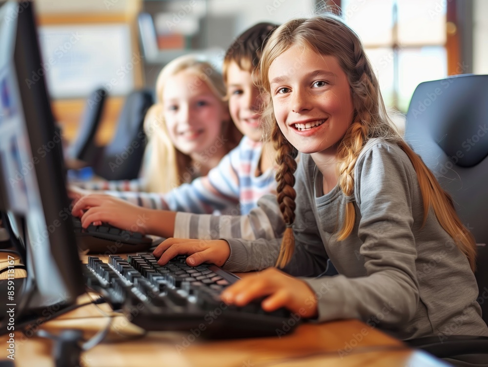 school kids using computer in classroom at elementary school