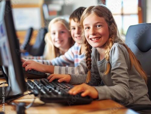 Obraz na płótnie school kids using computer in classroom at elementary school w salonie