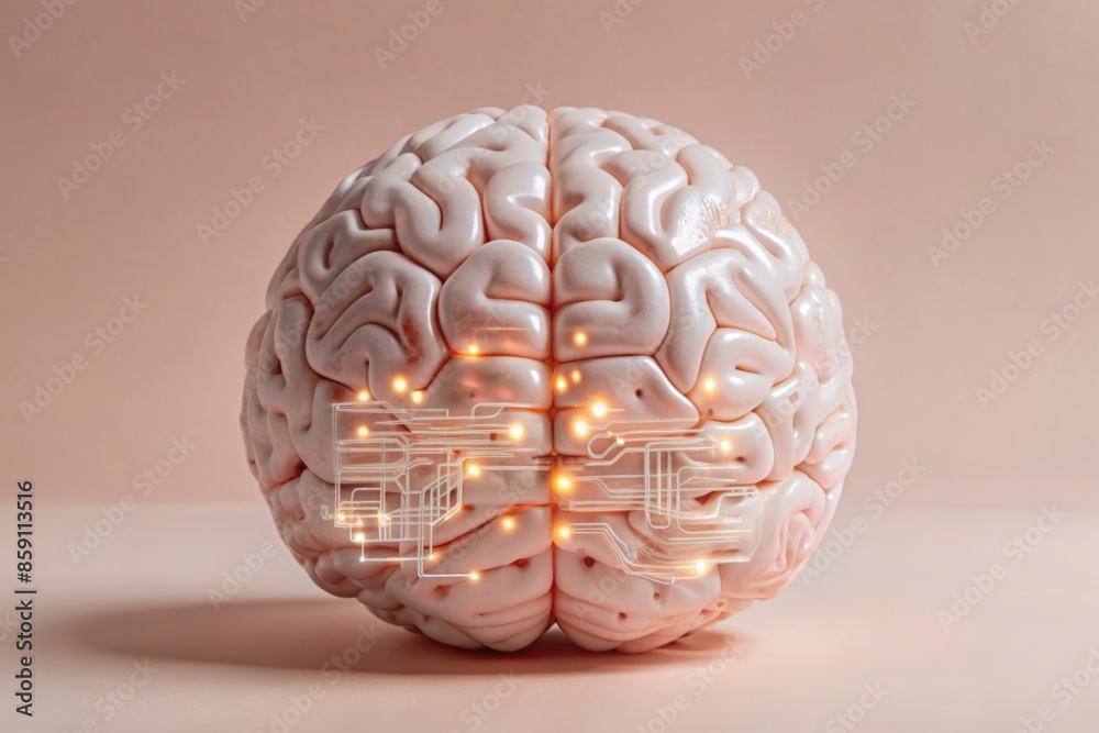 futuristic brain with embedded motherboard elements, glowing circuits, and digital interfaces futuristic brain with embedded motherboard elements, glowing circuits, and digital interfaces