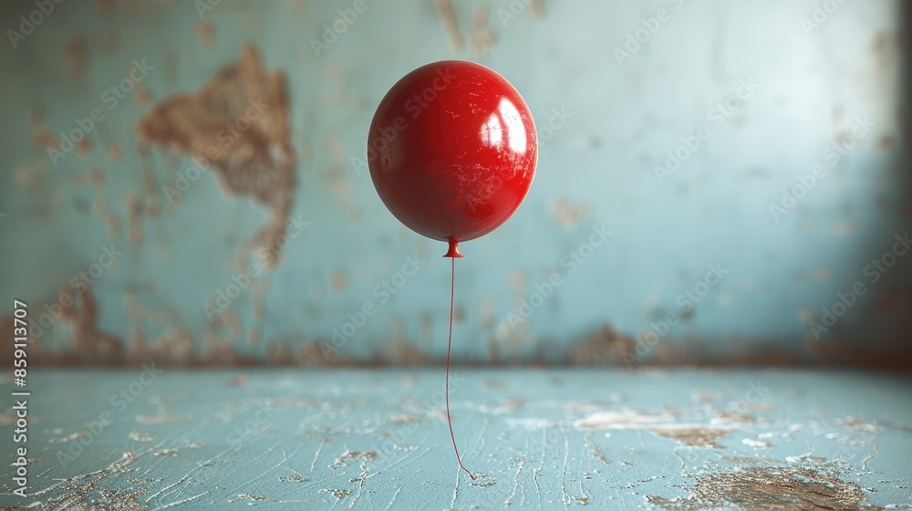 An eye-catching red balloon hanging mid-air in a weathered room with peeling paint and worn textures, suggesting a sense of time and nostalgia. An eye-catching red balloon hanging mid-air in a weathered room with peeling paint and worn textures, suggesting a sense of time and nostalgia.