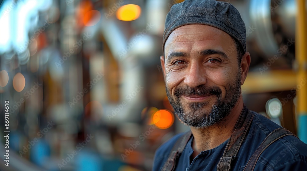 A man with a beard, wearing a gray cap, smiles warmly. He appears to be in an industrial setting, surrounded by machinery, expressing pride and satisfaction in his work. A man with a beard, wearing a gray cap, smiles warmly. He appears to be in an industrial setting, surrounded by machinery, expressing pride and satisfaction in his work.