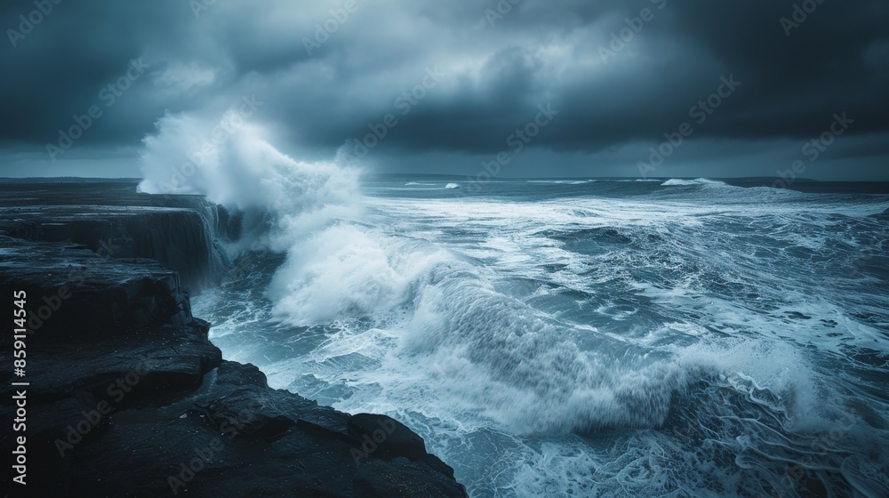 Powerful waves crash against a rocky shore during a storm Powerful waves crash against a rocky shore during a storm