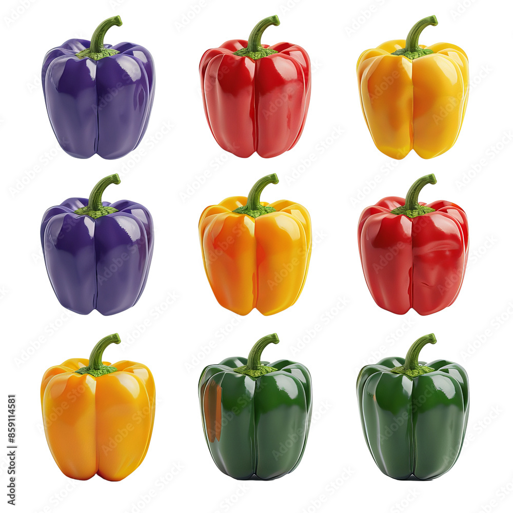 Colorful bell peppers arranged in a grid pattern against a transparent background, showcasing vibrant purple, red, yellow, and green peppers. Colorful bell peppers arranged in a grid pattern against a transparent background, showcasing vibrant purple, red, yellow, and green peppers.