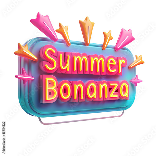 Colorful 3D summer bonanza sign with neon lights and decorative stars. Ideal for promoting summer sales and special events.