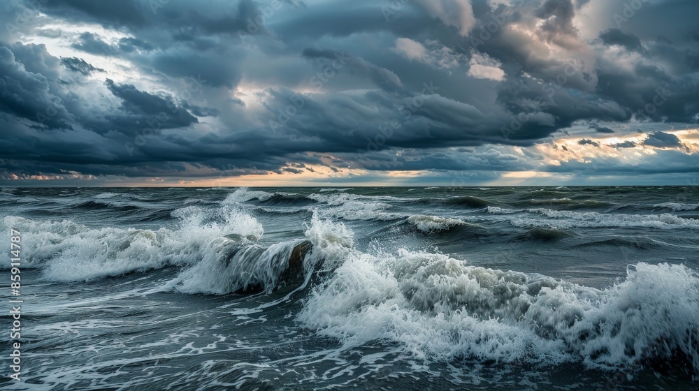 Rough ocean waves crashing under a dark, cloudy sky