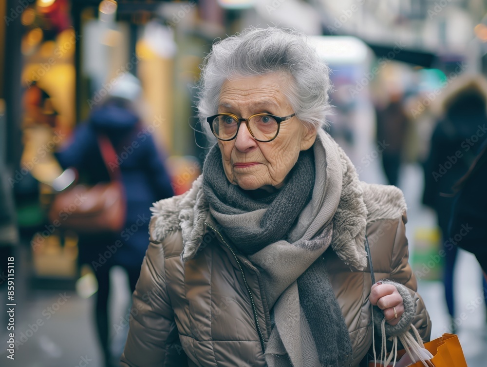 Stylish elderly lady walking around doing shopping