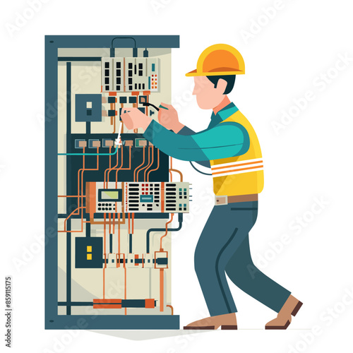 Two electricians working on an electrical panel, flat vector illustration