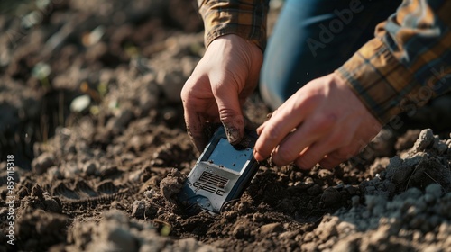 Man checking soil moisture with digital soil sensor, environment agriculture technology