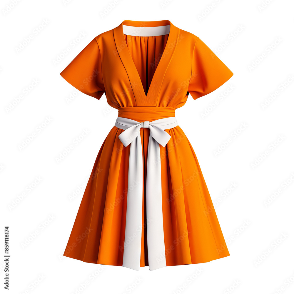 Elegant orange dress with white bow, deep V-neck, and short sleeves. Perfect for summer fashion and stylish events. Elegant orange dress with white bow, deep V-neck, and short sleeves. Perfect for summer fashion and stylish events.