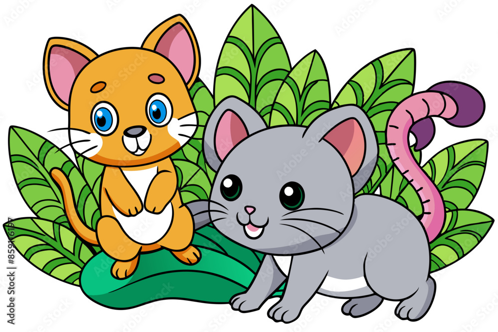 cute Cat and a cute Rat Is playing in a jungle vector cute Cat and a cute Rat Is playing in a jungle vector