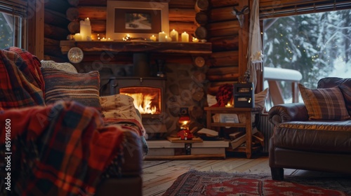 A cozy cabin interior with a fireplace, candles, and a view of a snowy winter wonderland photo