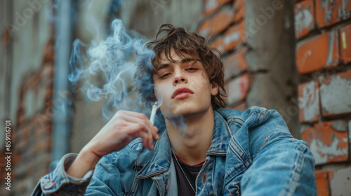 Caucasian male teen boy smoking tobacco or cannabis on the street photo