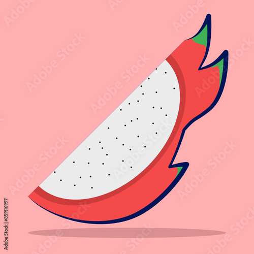 Dragon Fruit concept, cartoon illustration of white dragon fruit, flat design of half cut pitaya or pitahaya, summer tropical fruit for healthy lifestyle. white dragon fruit isolated on background.