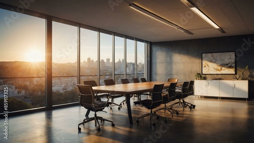 modern office meeting room with aesthetic warm lighting with sun outside that promotes good working environment and collaboration