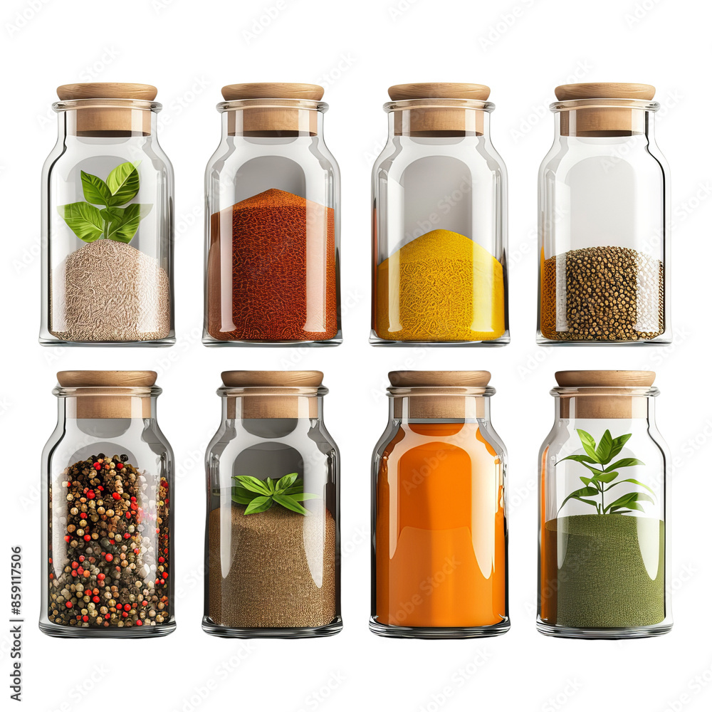 Set of eight glass jars filled with various colorful spices and herbs, perfect for kitchen decoration and cooking inspiration. Set of eight glass jars filled with various colorful spices and herbs, perfect for kitchen decoration and cooking inspiration.