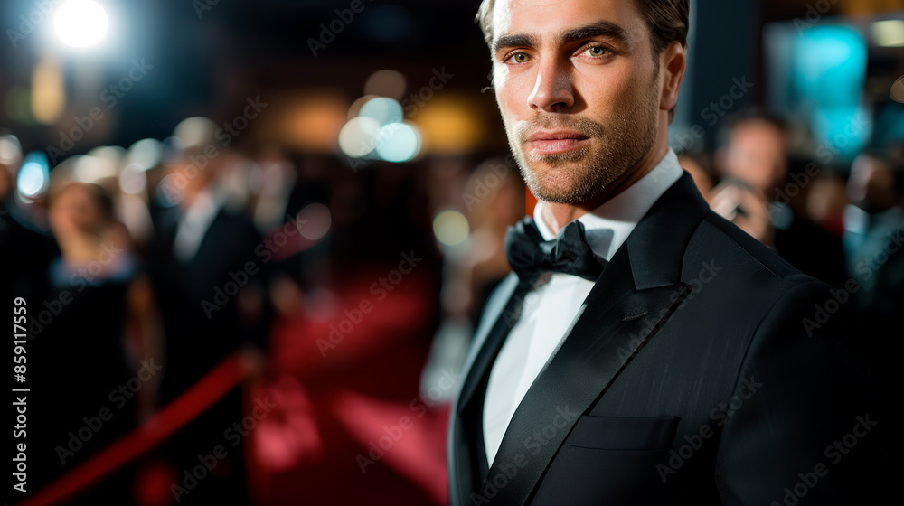 Fototapeta premium Caucasian actor on red carpet, people taking pictures