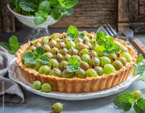 Tarte mit frischen grünen Stachelbeeren und Minze photo