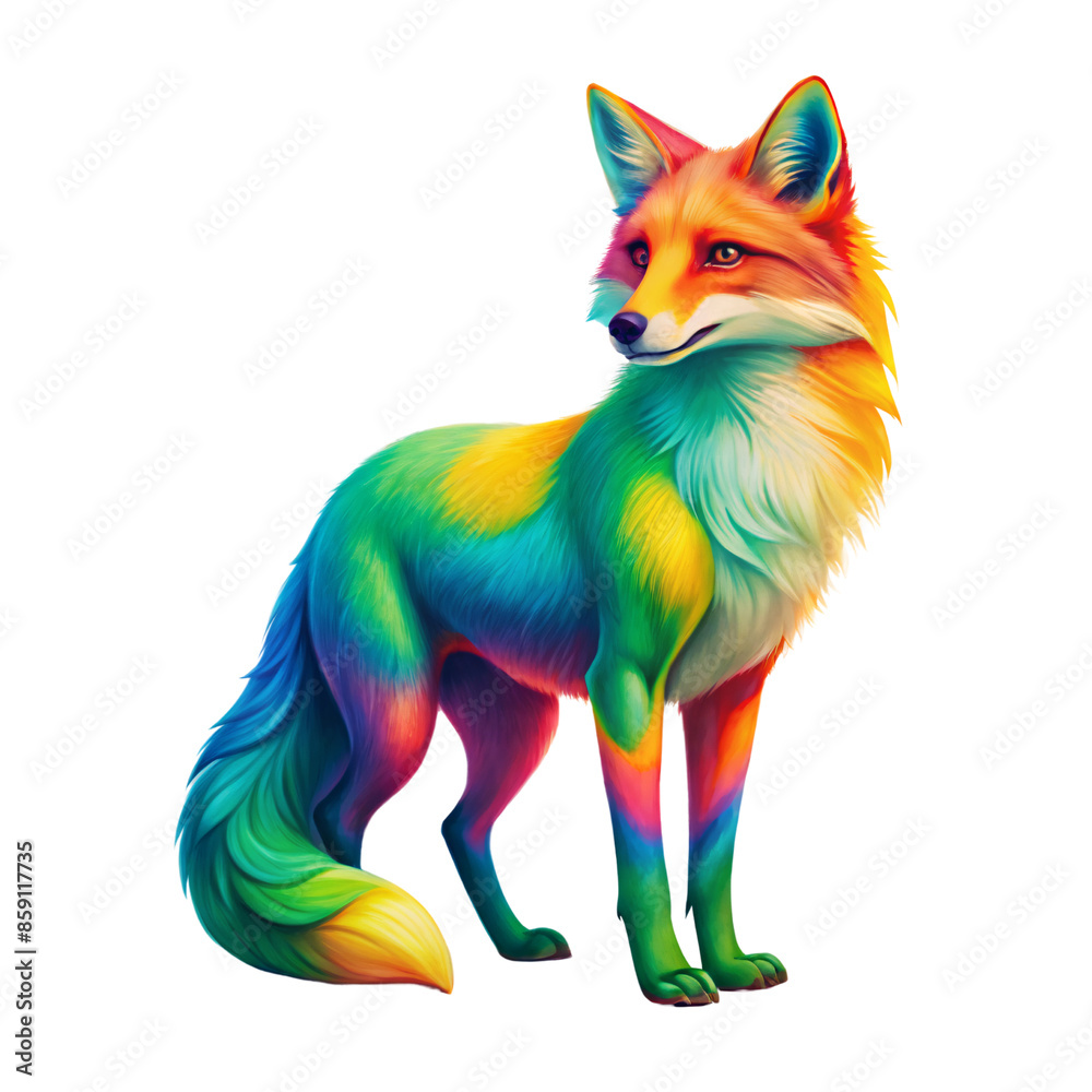 Obraz premium A graceful fox with a stunning rainbow fur pattern, standing alert and poised, showcasing vibrant colors on a transparent background
