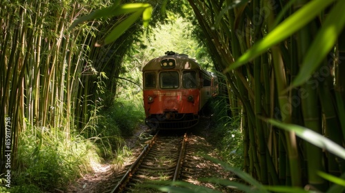 The train weaves through the bamboo like a s slithering through tall grass. photo