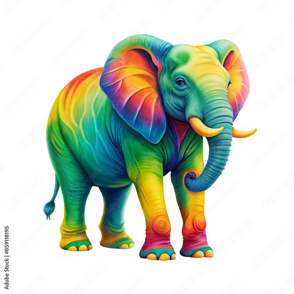 Fototapeta premium A vibrant elephant adorned in a rainbow spectrum of colors, standing majestically with large, colorful ears on a transparent background