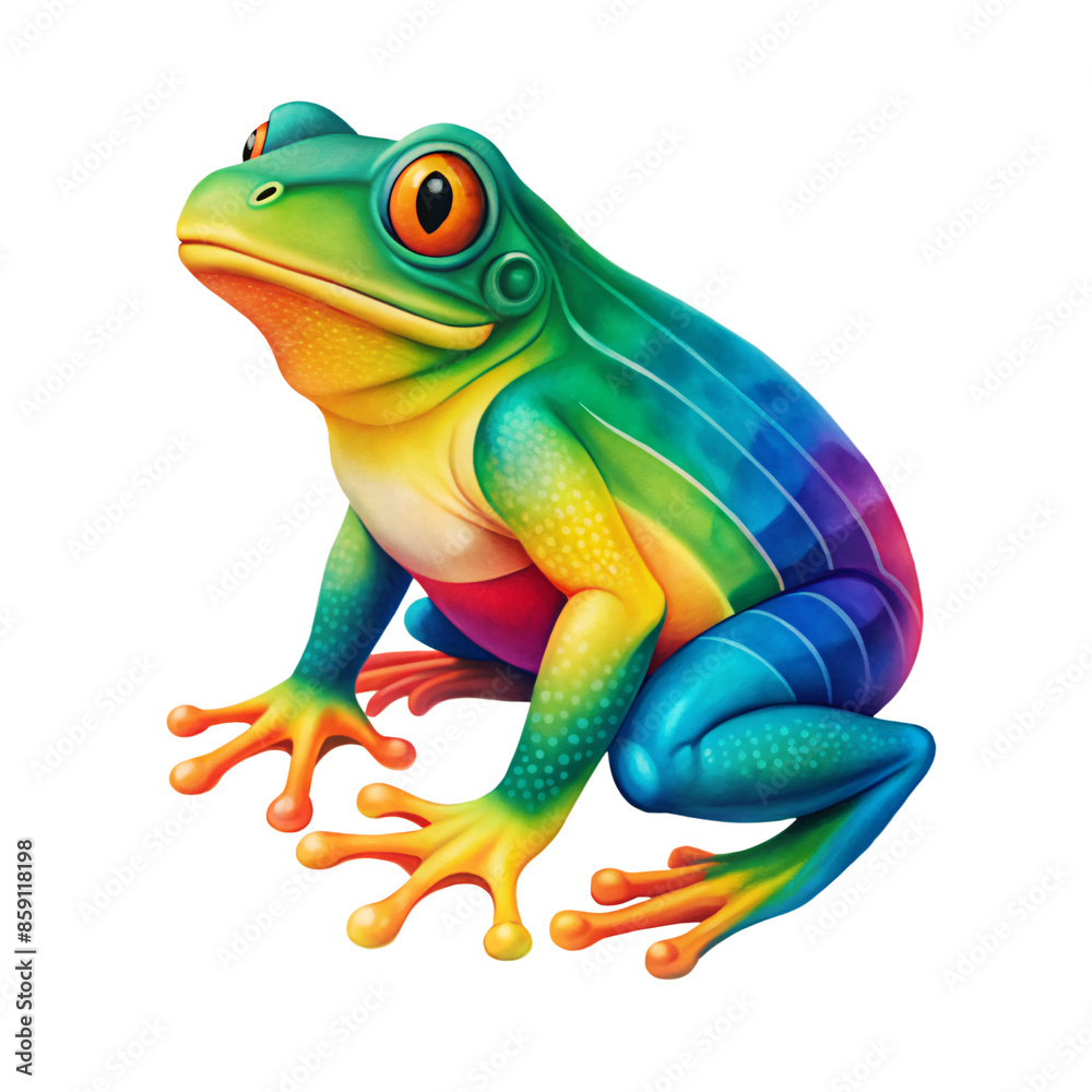 Fototapeta premium A vibrant frog with a striking rainbow pattern on its body, sitting alert with bright eyes and colorful limbs on a transparent background