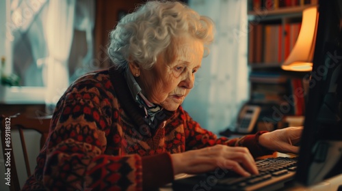 Obraz na płótnie elderly lady working at the computer w salonie