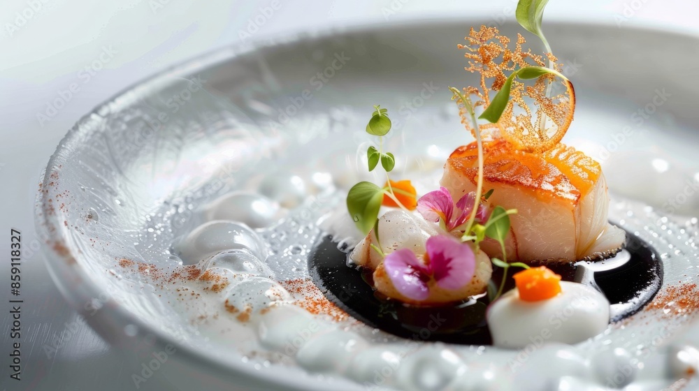 Seared scallop on foam with flowers and citrus Seared scallop on foam with flowers and citrus