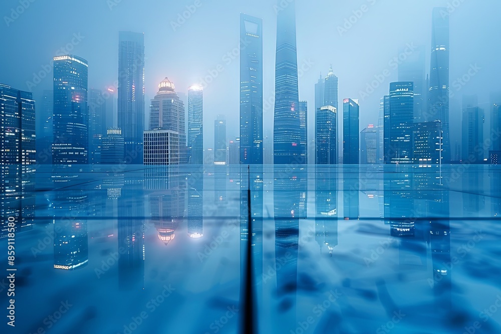 Modern city skyline with skyscrappers and reflection created with Generative AI Modern city skyline with skyscrappers and reflection created with Generative AI