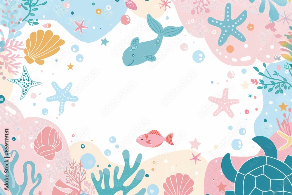 A blue background with a variety of sea creatures including a mermaid, starfish A blue background with a variety of sea creatures including a mermaid, starfish