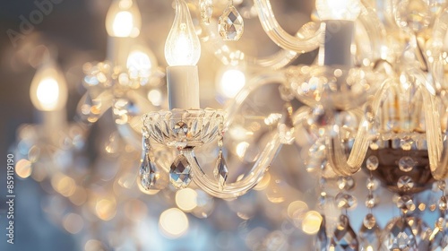 Sparkling Crystal Chandelier: Close-Up of Shimmering and Textured Crystal Chandelier in Elegant Setting © sania