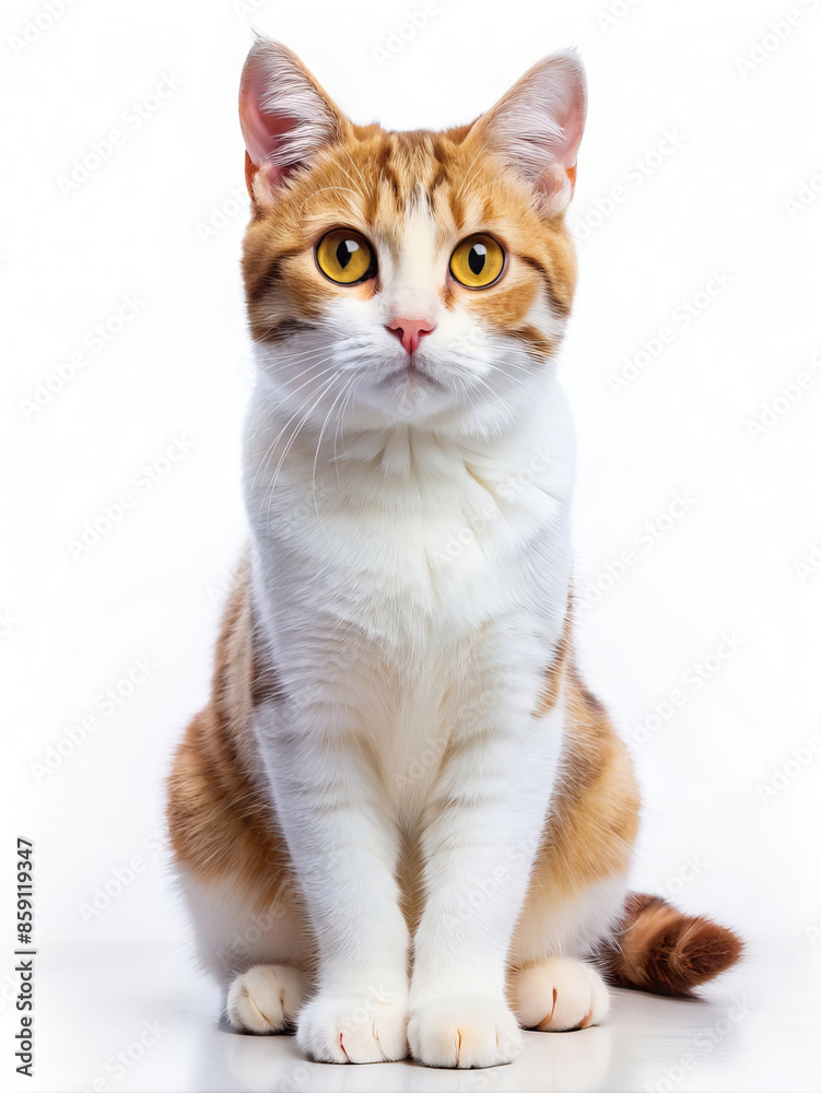 Fototapeta premium A brown and white cat with yellow eyes on a white surface