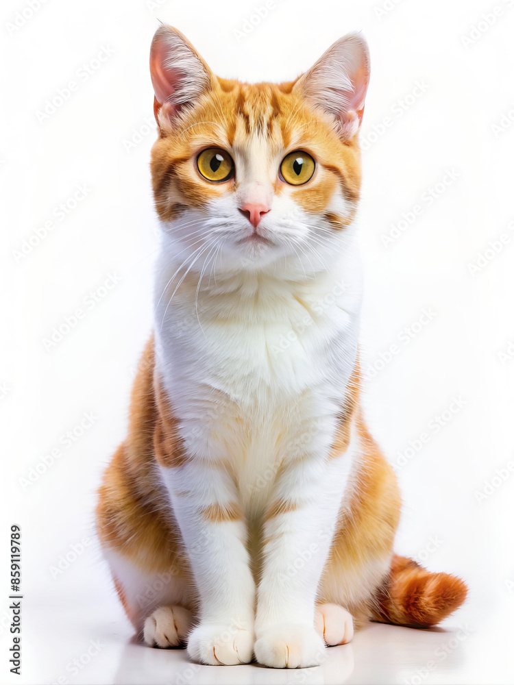 An orange and white cat sitting on a white surface, looking at the camera An orange and white cat sitting on a white surface, looking at the camera