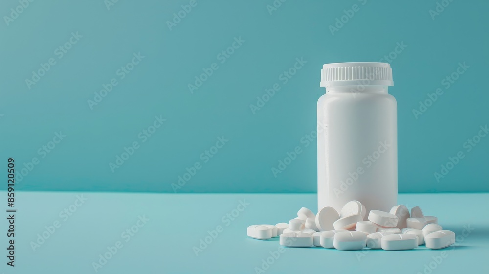 Favipiravir medication for COVID 19 in white bottle pills spread out Blue background horizontal view Space for text Favipiravir medication for COVID 19 in white bottle pills spread out Blue background horizontal view Space for text