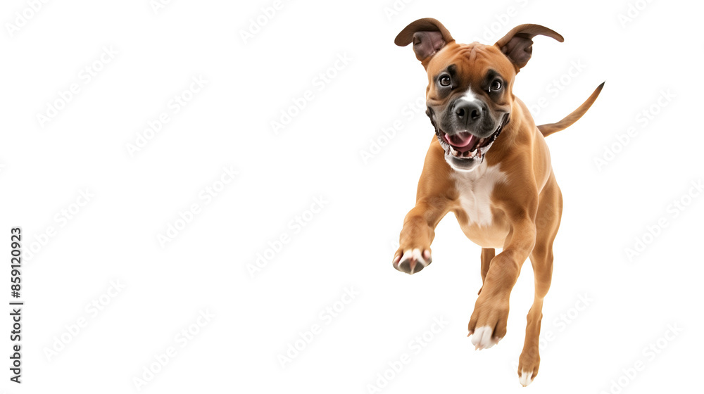 Full body shot of Boxer dog, running happily, smiling. Full body shot of Boxer dog, running happily, smiling.