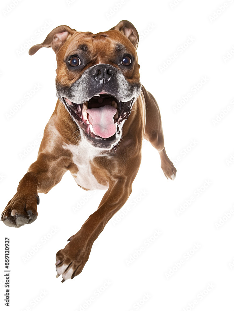Full body shot of Boxer dog, running happily, smiling. Full body shot of Boxer dog, running happily, smiling.