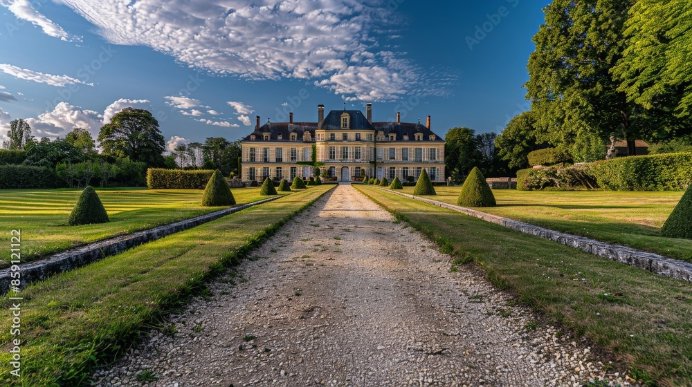 Fototapeta premium A gravel path winds through manicured gardens towards a stately French chateau