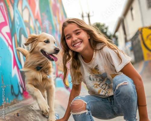 Obraz na płótnie A teenage girl smiles, in a T-shirt and jeans, riding a skateboard with a dog in a new colorful skate park. w salonie