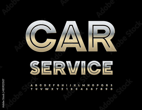 Vector steel logo Car Service. Modern cool Font. Unique Silver Alphabet Letters and Numbers set.