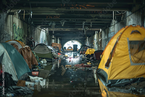 A tent city under a bridge where abandoned and homeless people live. A shelter made of tents, a symbol of poverty and social crisis. Street community in extreme conditions photo