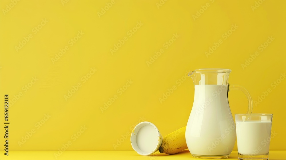 Fresh Milk in container and cup on yellow surface with blank area Fresh Milk in container and cup on yellow surface with blank area