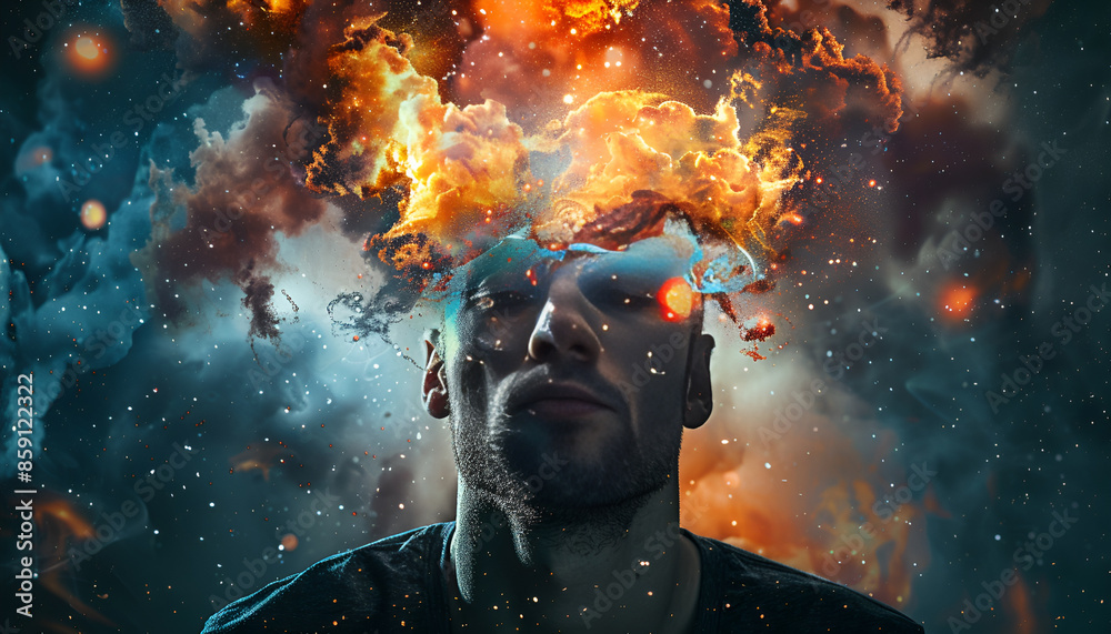 Human head burning in flames showing burnout syndrome or mental illness. Creative concept of overheating head Human head burning in flames showing burnout syndrome or mental illness. Creative concept of overheating head