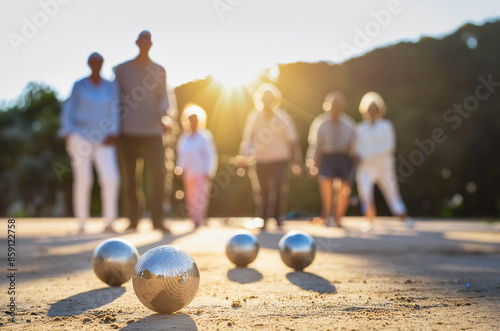 Metal balls from the petanque game that a group of elderly people are having fun with during the afternoon in the park.
